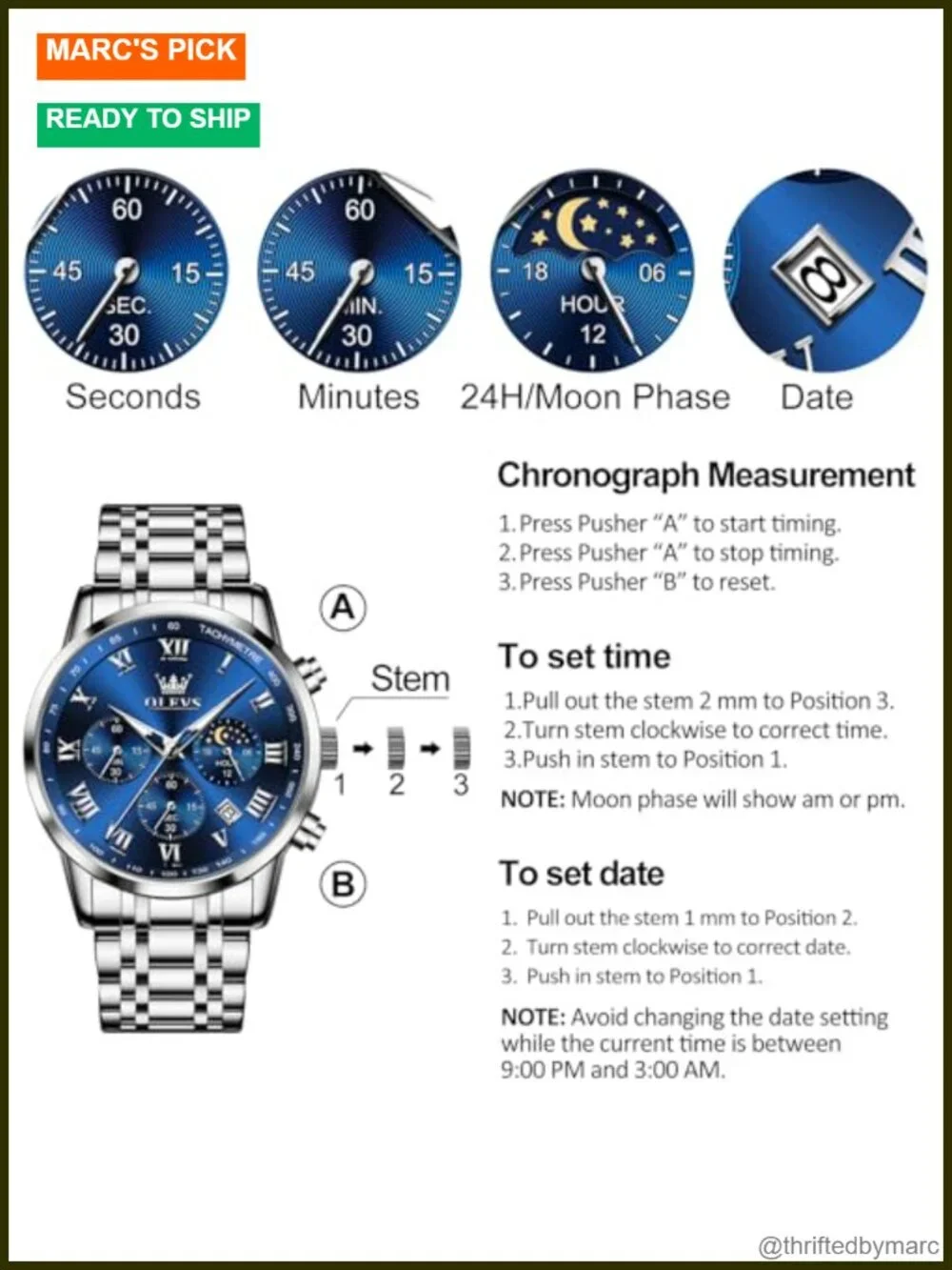 Stainless Steel Chronograph Watch, Roman Numerals Date Analog Quartz Dress